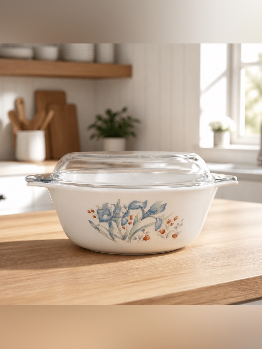 Vintage Pyrex England "Blue Iris" Round Covered Casserole Dish